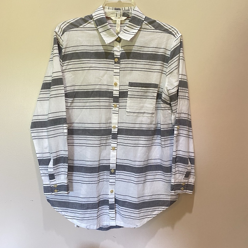 Matilda Jane Joanna Gaines White/Gray Stripe Button Up‎ Shirt Pleated Back Sz S